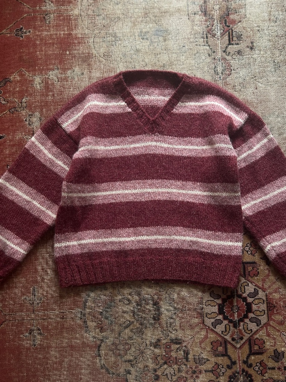Vintage 1970's Pink & Cream Hand Knit 100% Wool Sweater